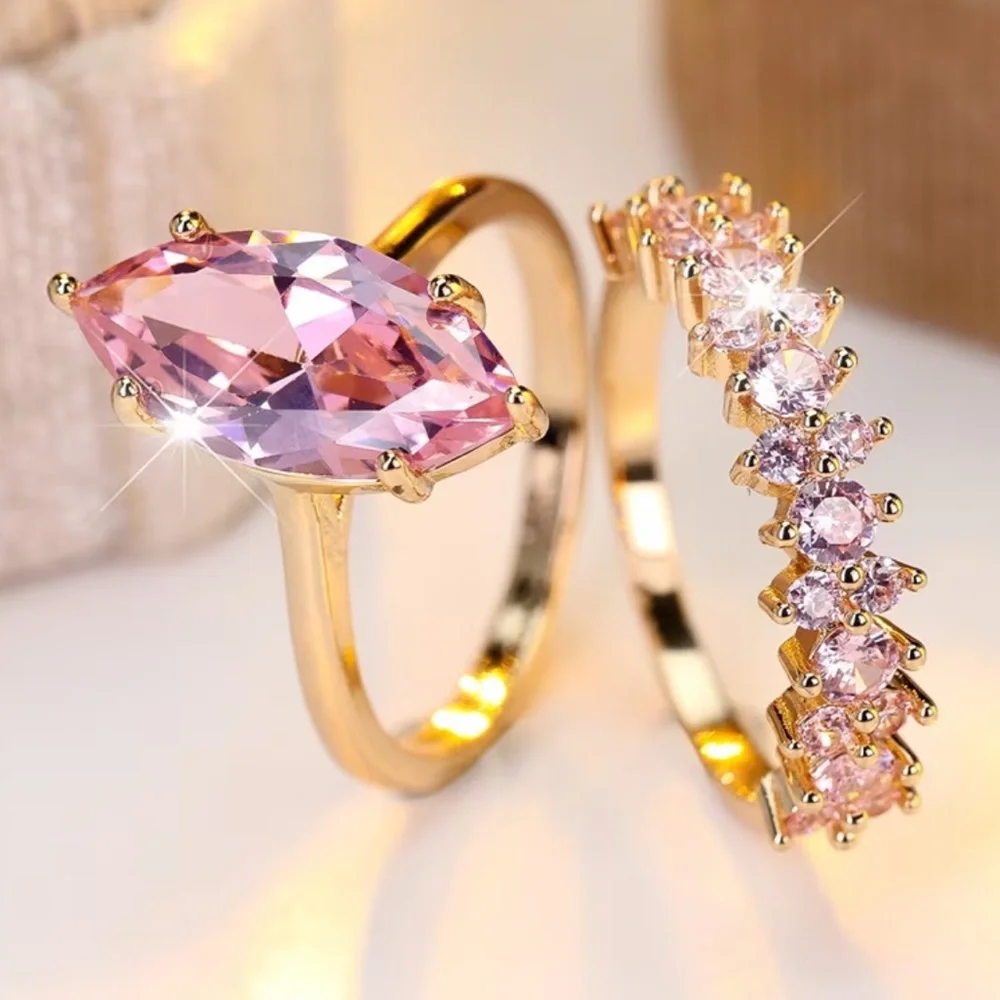 Beautiful Gold Crystal Pink Moissanite Gemstone Marquise Cut Ring - SIZE 8